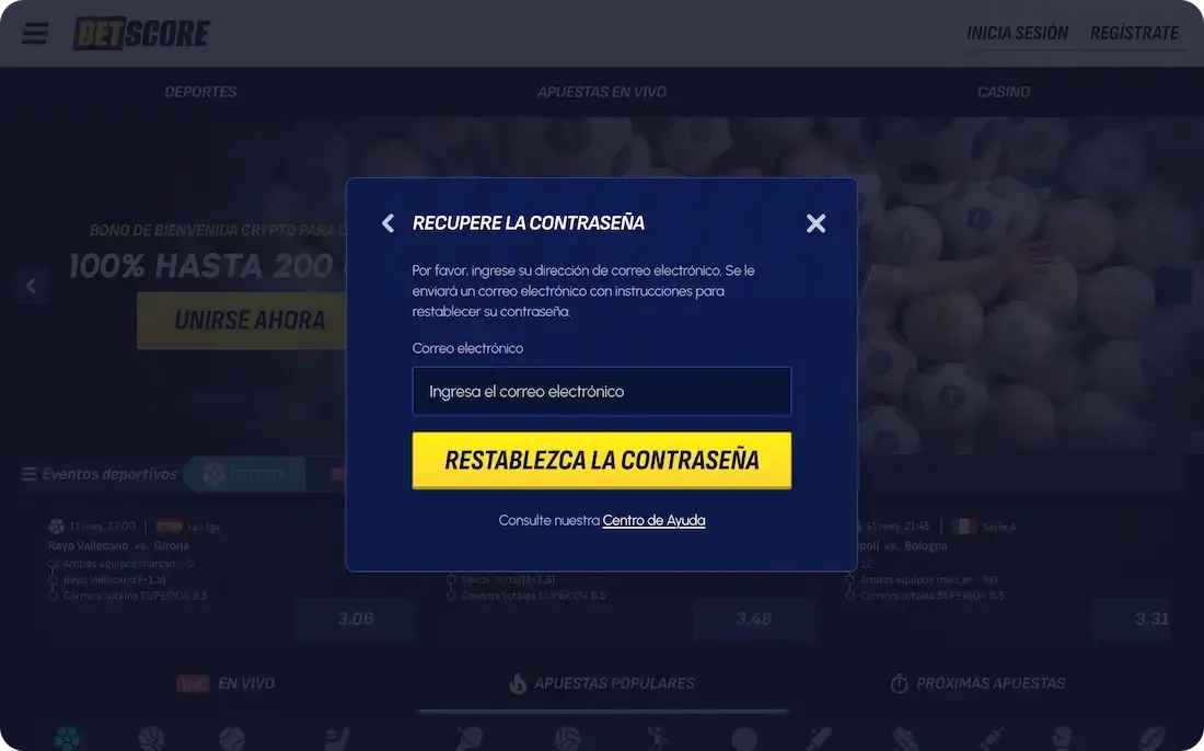 contraseña olvidada del casino betscore