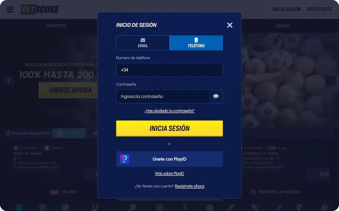 iniciar sesión en el casino betscore con numero de telefono